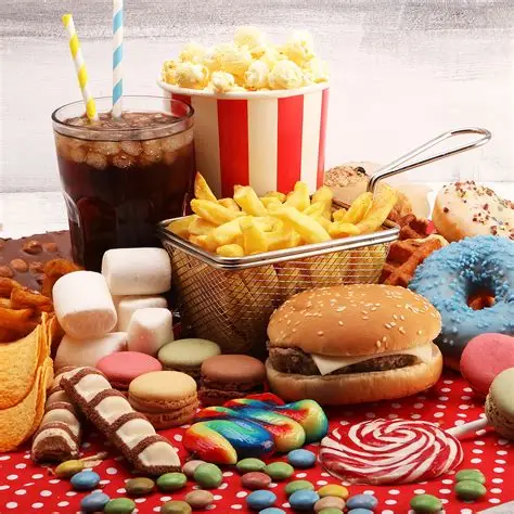 Assorted fast food and sweets on a red polka-dot tablecloth: burger, fries, popcorn, donuts, candy, soda, and cookies.